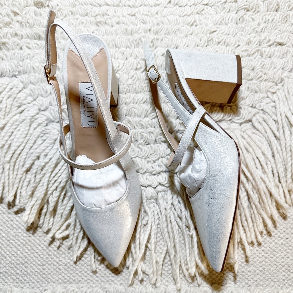 VIAJIYU white metallic pointed toe slingback block heels 39 NEW